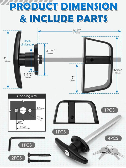 Heavy Duty Shed Door T Handle Lock Kit With 4 Keys, zinc alloy T lock, black, for barns and storage sheds, dimensions and parts diagram.