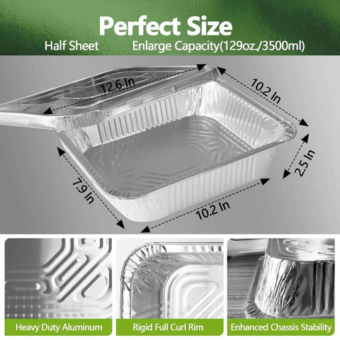 Heavy Duty Aluminum Foil Pans Set With Lids, 10 Pack Half Size Steam Table Trays, dimensions and features highlighted