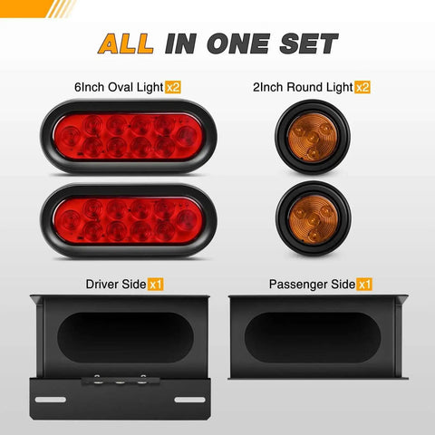 Steel Trailer Light Boxes Housing Kit Two Pack With Amber Side Marker Lights And Red Oval Stop Brake Turn Signals Plus 3LED License Plate Lamp With Grommet Plugs For Truck Boat And RV, showing oval and round lights with housing.