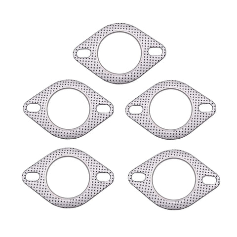 Five 3-inch exhaust gaskets with two bolt holes; high-temperature metal flange gaskets for muffler/manifold.