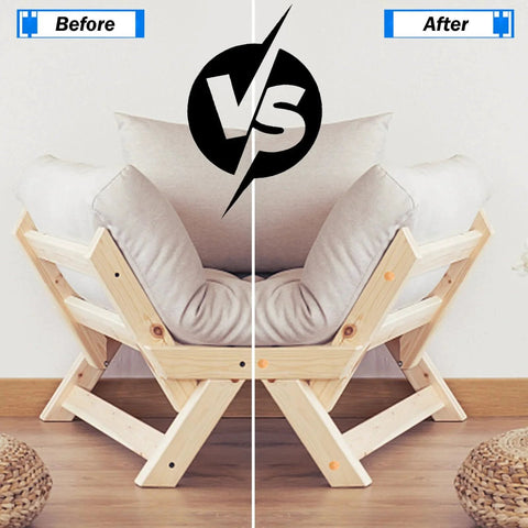 Comparison of furniture with and without Wood Plugs Set, 150 Pcs Assortment In Four Sizes 3/16 Inch, 5/16 Inch, 3/8 Inch, 1/2 Inch, Schima Wood Plugs.