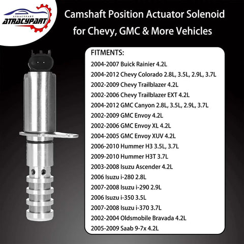 Camshaft Position Actuator Solenoid Replacement For Chevy Trailblazer, Colorado, GMC Envoy, Canyon, Buick Rainier, Isuzu And More shown with compatibility list
