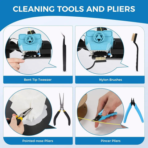 Must-Have All-In-One 3D Printer Tools Kit 36 Piece Set showing bent tip tweezer, nylon brushes, pointed-nose, and pincer pliers