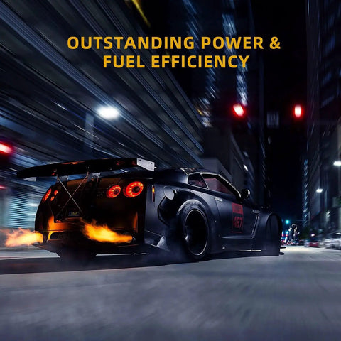 Rear view of a sports car with flames from exhaust driving fast through city at night, promoting power and fuel efficiency.