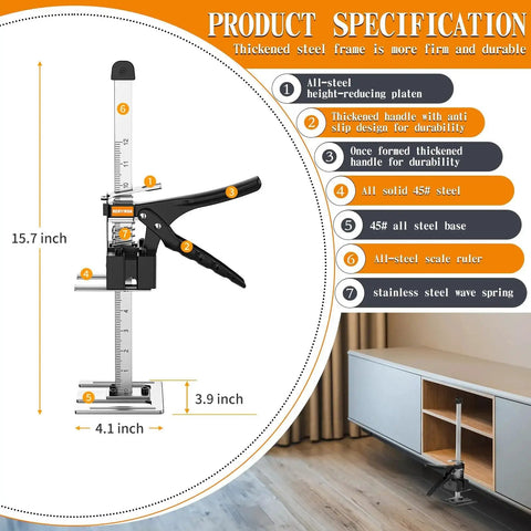 Labor Saving Arm Jack for Construction and Furniture Lifting 10 Inch Lift 300lb, side view with specifications and steel frame details