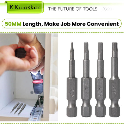 Close-up of 50mm hex bits being used for cabinet assembly, highlighting K Kwokker tools for convenient repairs.