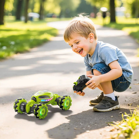 Child playing with Gesture Sensing RC Stunt Car With Hand Wave Control And Remote Two Point Four Gigahertz 4WD Drift Car outdoors
