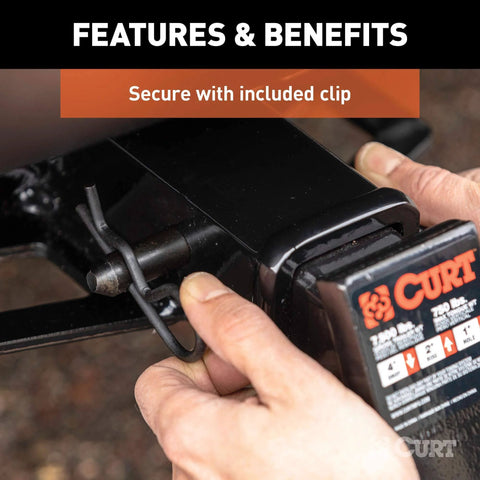 Heavy Duty Trailer Hitch Pin And Clip Five Eighth Inch Diameter Fits Two Inch Receiver Black Easy Grip Angled Bend Works With Class Three Four And Five Hitches installed on a trailer