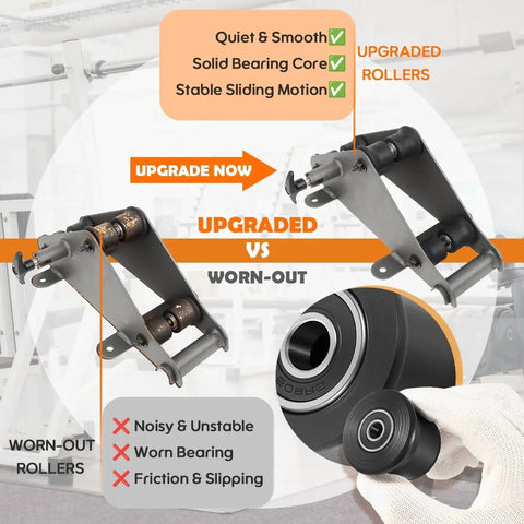 Comparison of Six Pack Sliding Seat Bracket Rollers Kit for Home Gym Replacement Wheels showing upgraded vs worn-out rollers