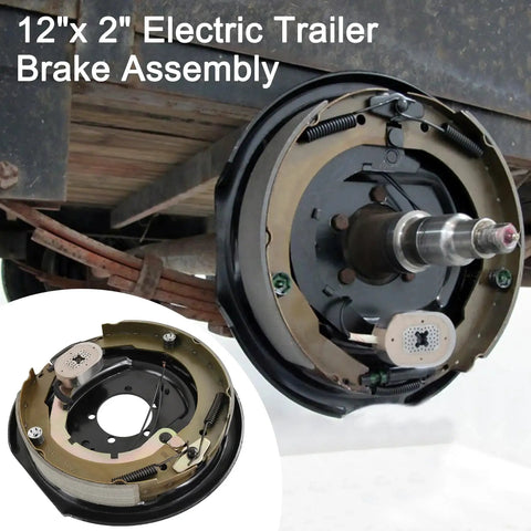 Installed 12x2 inch electric trailer brake assembly; metal backing plate, two sets for 5200–7000 lb trailer axles