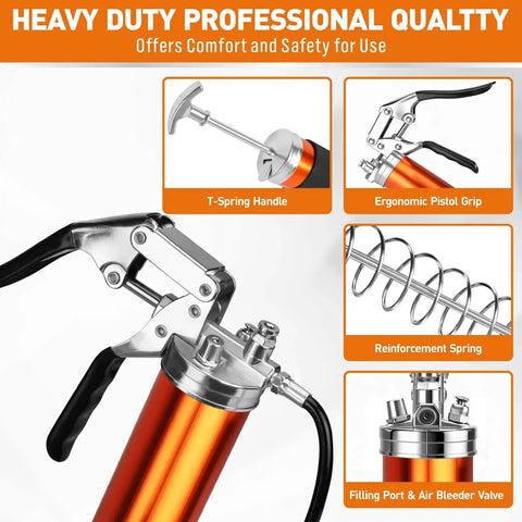 Beefed Up 8000 PSI Grease Gun Kit With 14oz Grease featuring T-Spring Handle, Ergonomic Grip, and Reinforcement Spring.