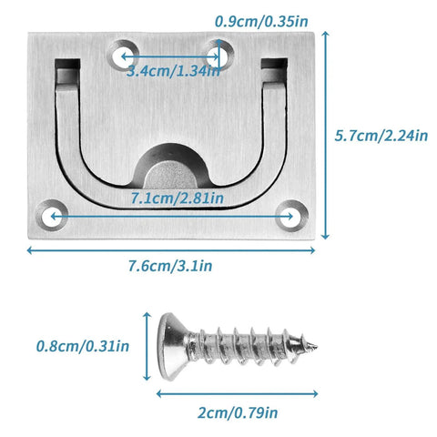Stainless Steel Hatch Pull Flush Lift Ring For Boat Deck Hatches, with screws and measurements, solid recessed design, saltwater resistant.