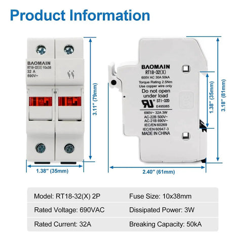 RT18-32 Two Pole Fuse Holder Base With 10x38mm 20A Ceramic Fuses, DIN Rail Mount, shown with dimensions and labels