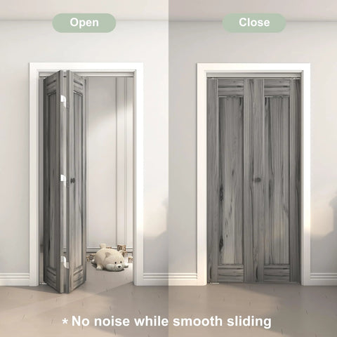 30 Inch Bifold Door Hardware Kit For Two Doors Aluminum Sliding Barn Door Top Mounted installed view open and closed