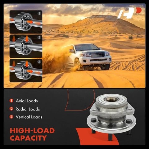 2 Pack Front Wheel Bearing And Hub Assembly That Fits Jeep Cherokee Wrangler Grand Cherokee Comanche TJ Wagoneer And Grand Wagoneer 1989 Through 1999 Models Off Road Ready, shown with axial, radial, and vertical load capacity