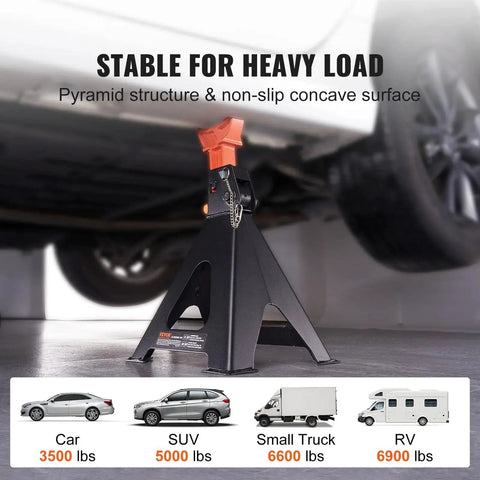 6 Ton Jack Stands With Double Locking Adjustable 14.2 To 23 Inches For SUV UTV under vehicle in garage