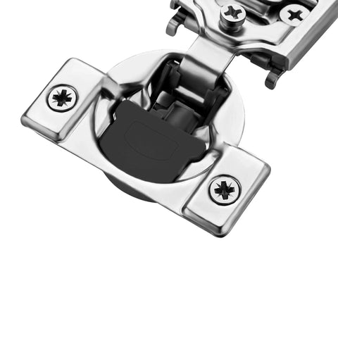 Close-up of Two Pack Three Quarters Inch Overlay Cabinet Hinges With Soft Close For Kitchen Cabinets Stainless Steel Satin Nickel Finish Hidden Door Hinge Set Easy Install Includes Dowels And Mounting Screws