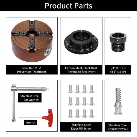 Four Inch Wood Lathe Chuck Set With 1 Inch By 8 TPI Thread And Three Quarter Inch By 16 TPI Adapter Built Tough Self Centering Four Jaw Wood Turning Chuck with various components displayed including iron and stainless steel parts.