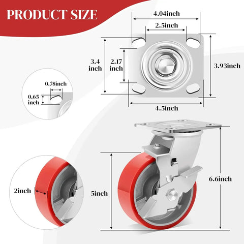 Product dimensions of 5 Inch Industrial Casters with low noise polyurethane wheels on steel hubs, heavy-duty 1000 lbs capacity.