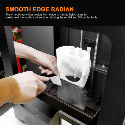 Upgraded Stainless Steel 3D Printer Removal Spatula With Comfortable Grip in use on 3D print model for easy stripping and safe cleanup