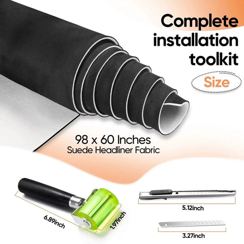 Foam-Backed 4mm Suede Headliner Fabric For Auto Interiors 98x60 In DIY Kit with tools included, showing fabric and toolkit size.