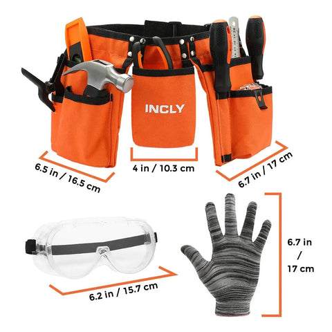18 Piece Kid Friendly Tool Set With Reinforced Belt And Adjustable Waist 20 To 32 Inches Real Hand Tools Kit visible with gloves and goggles