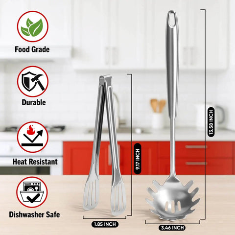 304 Stainless Steel Spaghetti Server With Teeth And Pasta Spoon Ergonomic Vacuum Handle And Non Slip Grip in kitchen