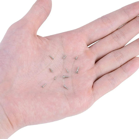 1000 Piece Mini Screw Kit Set with Self Tapping Micro Screws in M1 to M1.7 Sizes shown in hand for scale