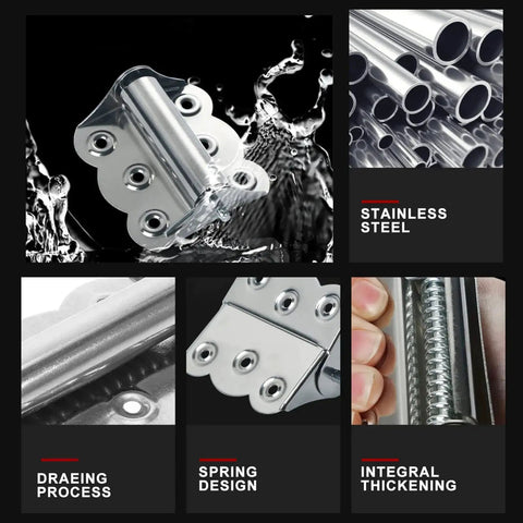 Image shows a stainless steel three piece self closing spring door hinge set for garage screen doors, highlighting spring design.