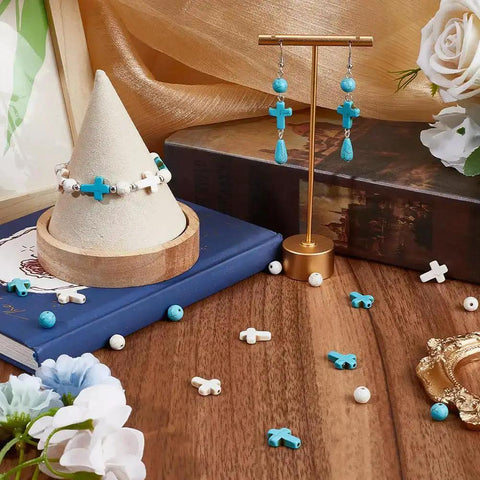 200 Pcs White Cross Beads And Blue Stone Beads Bulk 8mm Round Synthetic Turquoise displayed with jewelry examples