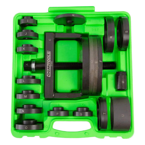 Master Wheel Bearing Removal Tool And Installer Kit with self-centering design in green case, tools for on-vehicle use.