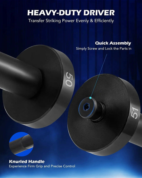 Close-up of heavy-duty driver with knurled handle from 2 In 1 Bushing Driver And Bearing Press Kit With 2 Inch And 3 Inch Jaws 5 Ton Capacity Bearing Separator