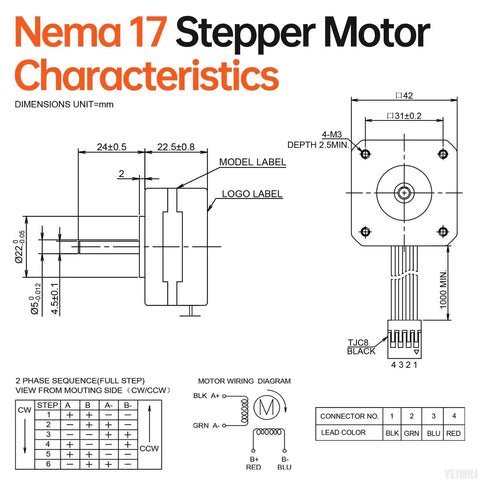Technical diagram of Five Pack Nema 17 Stepper Motors 2 Phase Bipolar High Torque 0.16 Nm for 3D Printer CNC DIY Robot Upgrade