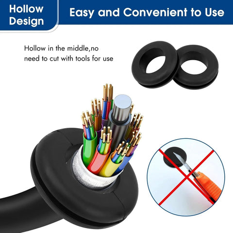 Hollow middle of the 200 Pcs Rubber Grommet Kit Eight Sizes Hollow Firewall Grommets for cable management without tools