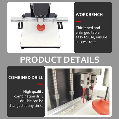 Top view of Versatile All In One Hinge Drilling And Boring Machine For Cabinets And Furniture From WYDDDARY with workbench and drill.