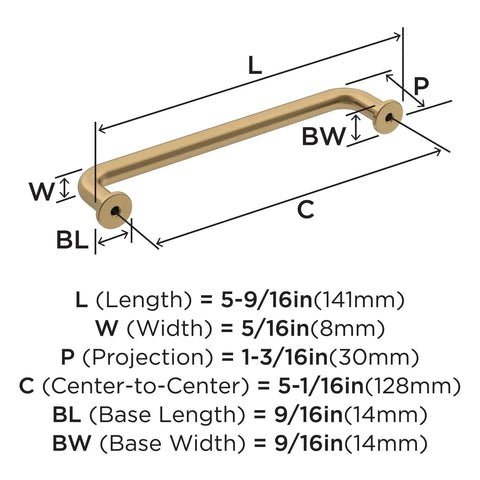 Diagram of Champagne Bronze Cabinet Pull Five And Nine Sixteenth Inch Overall Length And Five And One Sixteenth Inch Center To Center Mounting