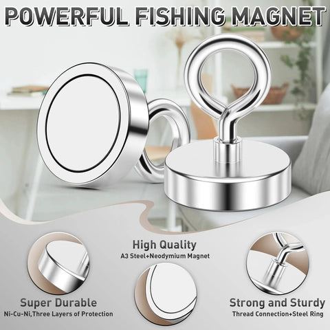 Neodymium Fishing Magnet With 150 Lbs Pulling Power And Lifting Eye Bolt For Retrieval In Lakes And Beaches Durable NiCuNi Coated