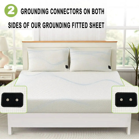 Grounding Sheets King Size With Fifteen Percent Silver Fiber And Eighty Five Percent Cotton Includes Outlet Tester Grounded Sheet Kit Fitted Bed Sheet Earth Connected Bedding White For Real Sleep Setup on bed with connectors shown