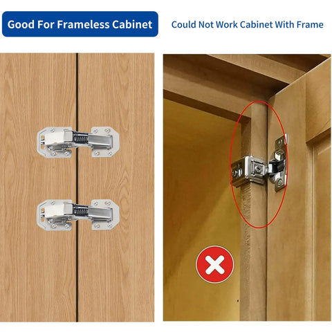 Hidden Soft Close Surface Mount 90 Degree Spring Hinges for frameless cabinets shown installed, close-up view, not suitable for framed cabinets.