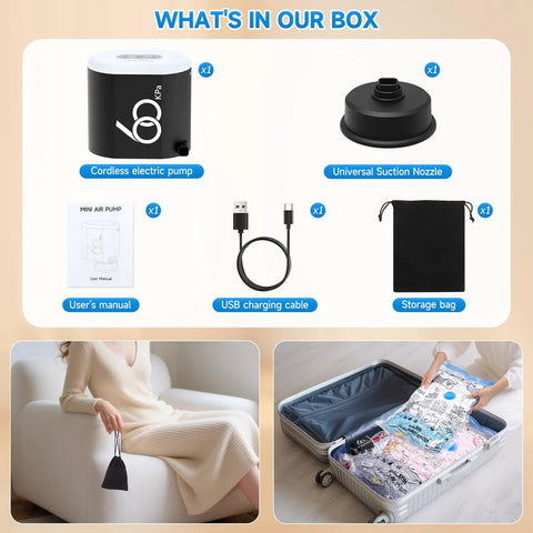 Cordless electric pump black for vacuum storage bags with universal nozzle, USB charging cable, manual, and storage bag.