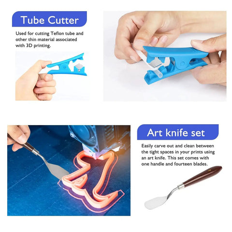 Complete 45 Piece 3D Printer Tools Kit For Faster Deburring Finishing And Cleaning Includes Deburring Tool Digital Caliper Art Knife Set Tube Cutter And Handy Storage Bag For Easy Print Prep And Post Processing showing tube cutter and art knife in use