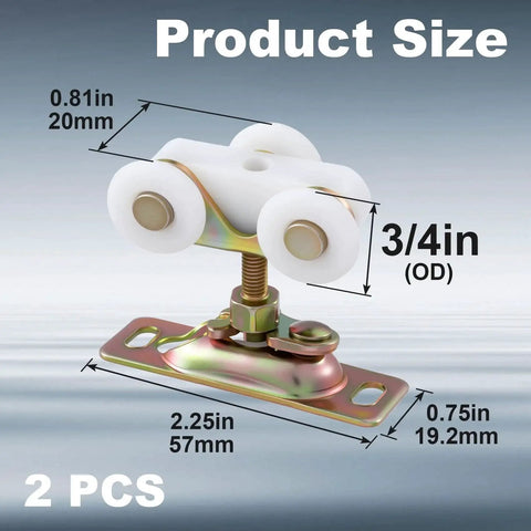 Two Pack Three Quarters Inch Sliding Pocket Door Rollers Replacement Kit for Pocket Doors and Closet Doors, size details shown.