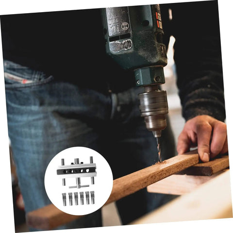 Self Centering Dowel Jig For Woodworking And Furniture Making, Handy Drill Locator With Six Hardened Steel Bushings In Use