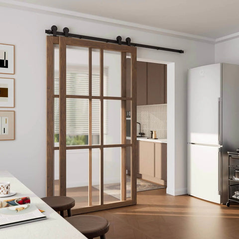 11Ft Bypass Sliding Barn Door Hardware Kit For Two Doors, Single Track System shown installed with top mount hanger