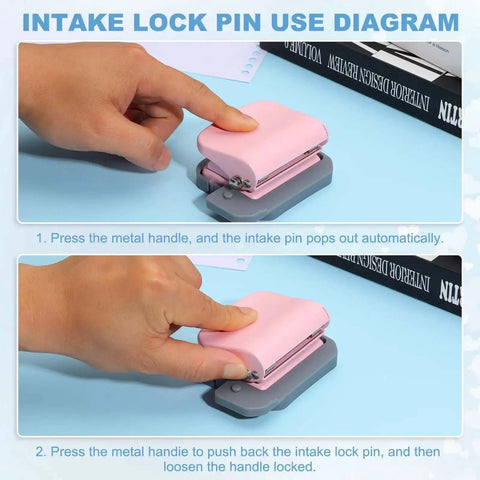 Six Hole Paper Punch One Quarter Inch Metal Hole Puncher for Office and Home, pink, demonstrating intake lock pin use.