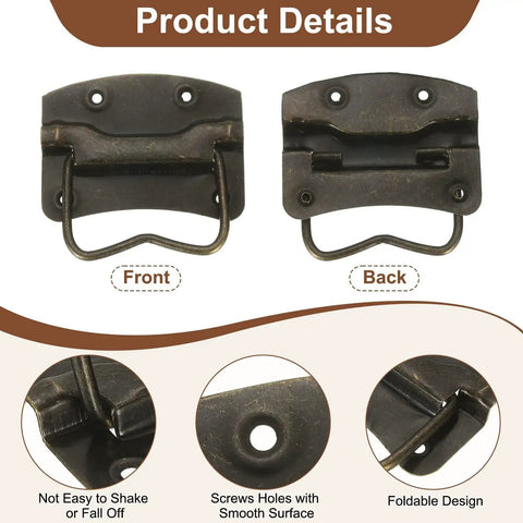 Front and back view of 2-Pack 64 x 61mm Bronze Side Ring Chest Pull Handles for Wooden Boxes and Tool Cases with screws, foldable design