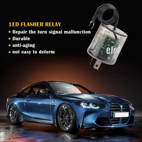 2 Pin LED Flasher Relay with Ground Wire for 12V Cars Trucks and SUVs, pictured above a blue sports car, highlighting features.