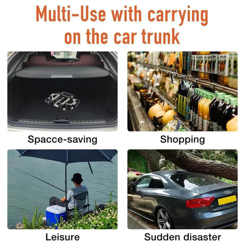 Four images showing the foldable luggage cart: in a car trunk, in a shopping aisle, by a lake, and next to a car.
