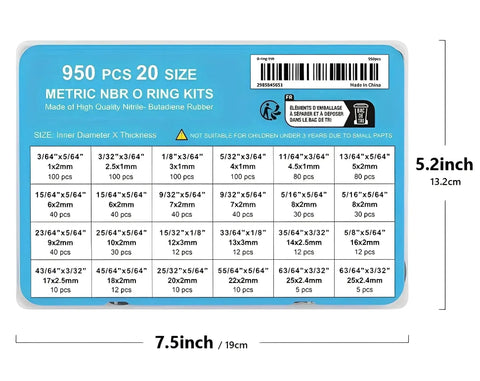 Size chart of All In One O Ring Seal Kit With 950 Pieces In 20 Varieties Made From Durable Nitrile Rubber for automotive and plumbing.