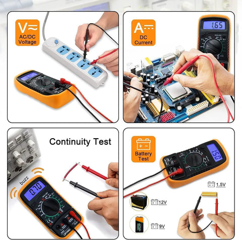 Digital Multimeter Voltmeter And Battery Tester With Backlit LCD For AC DC Voltage DC Current Resistance Continuity Diode Transistor HFE Test And Car Battery Check Includes Test Leads in use for testing voltage and continuity.